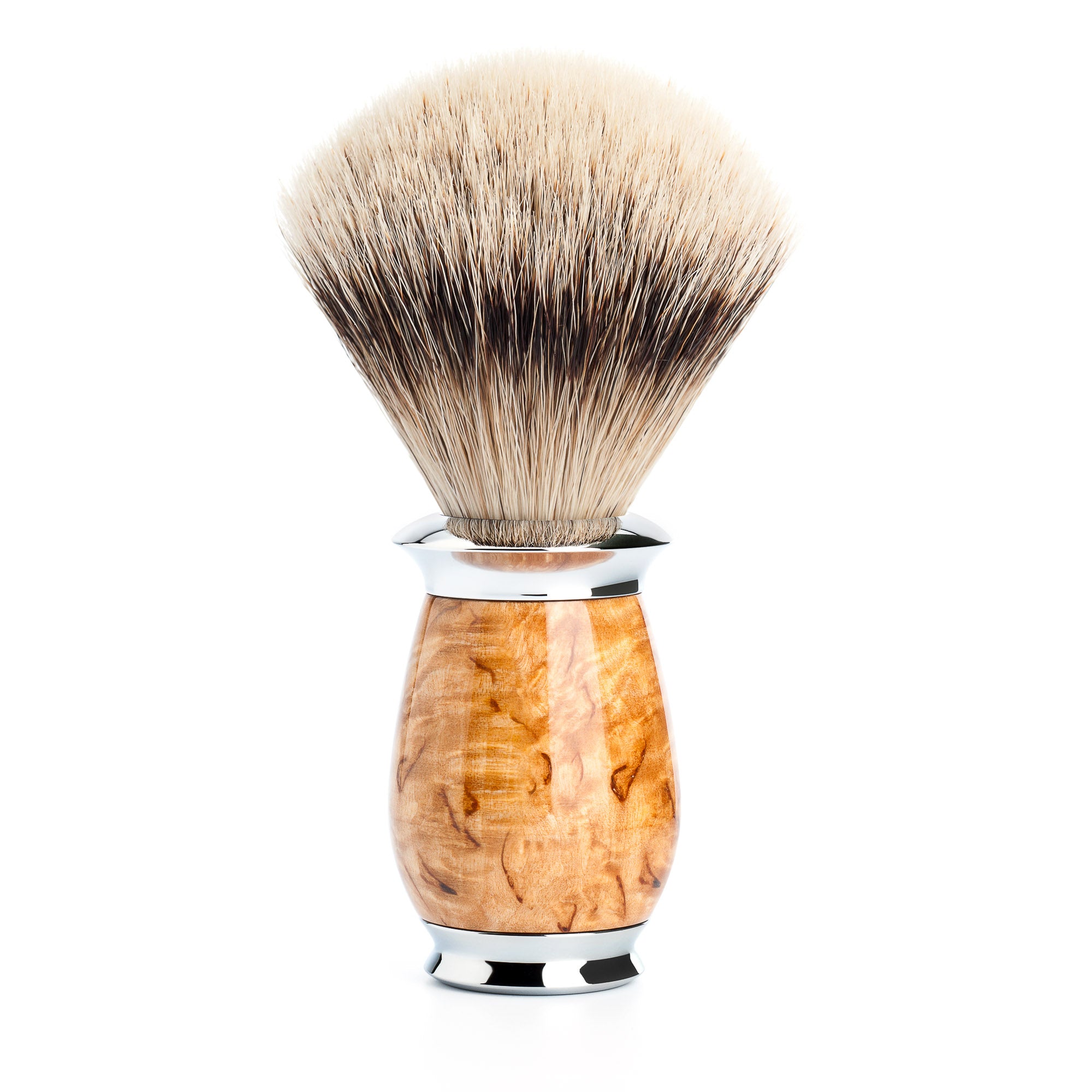 Shaving brush with wooden handle and silver ferrule on a white background