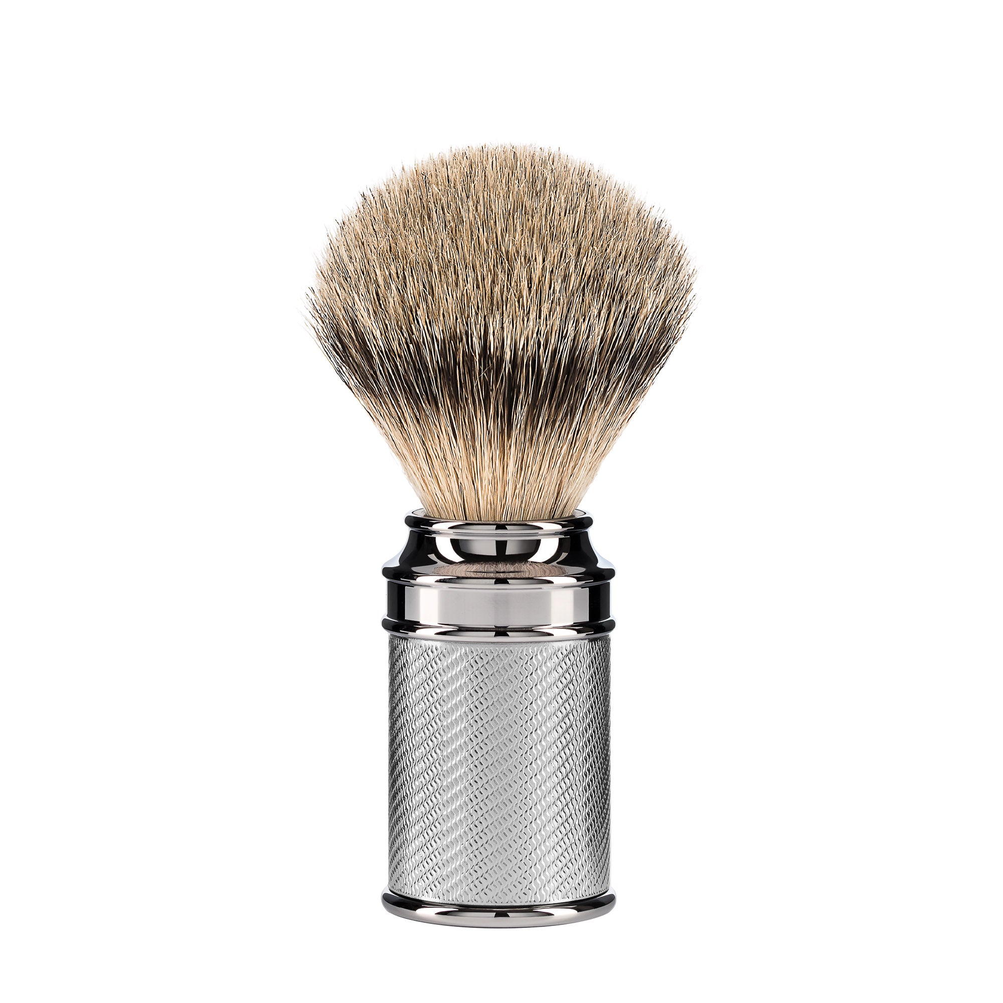 Shaving brush with silver metal handle on a white background