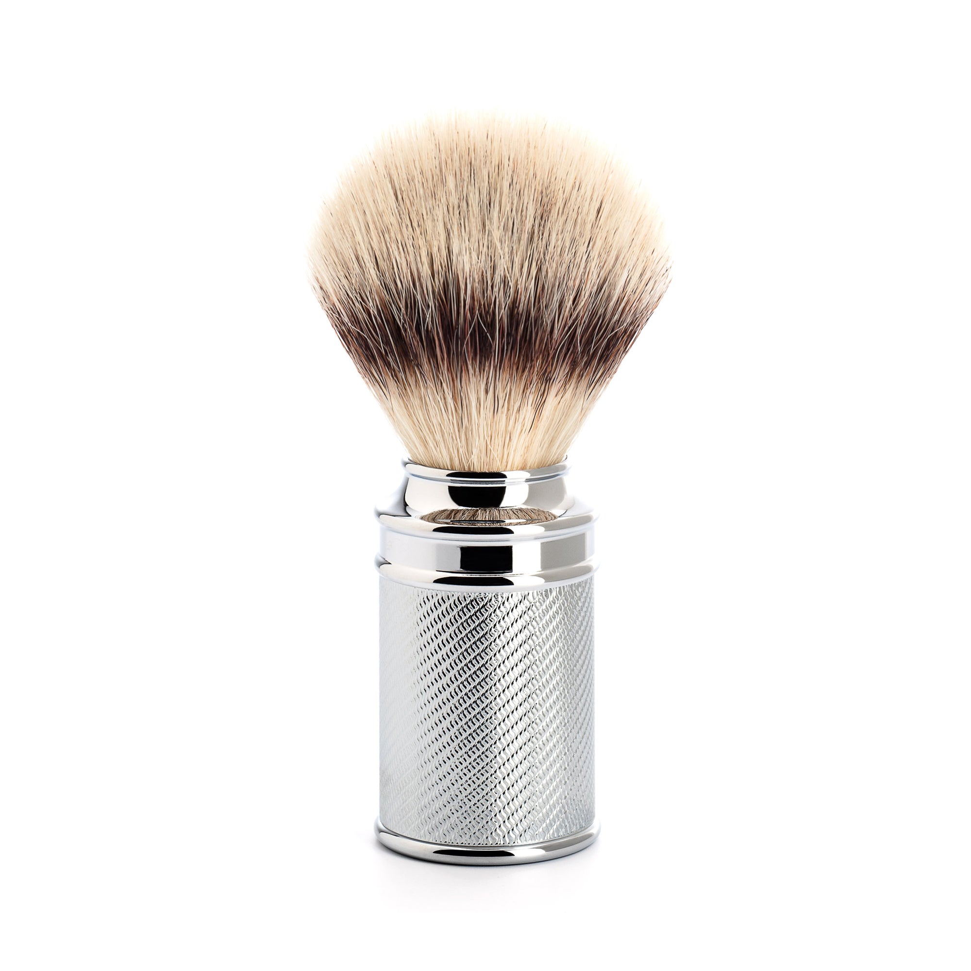 Shaving brush with silver handle and bristle head on a white background