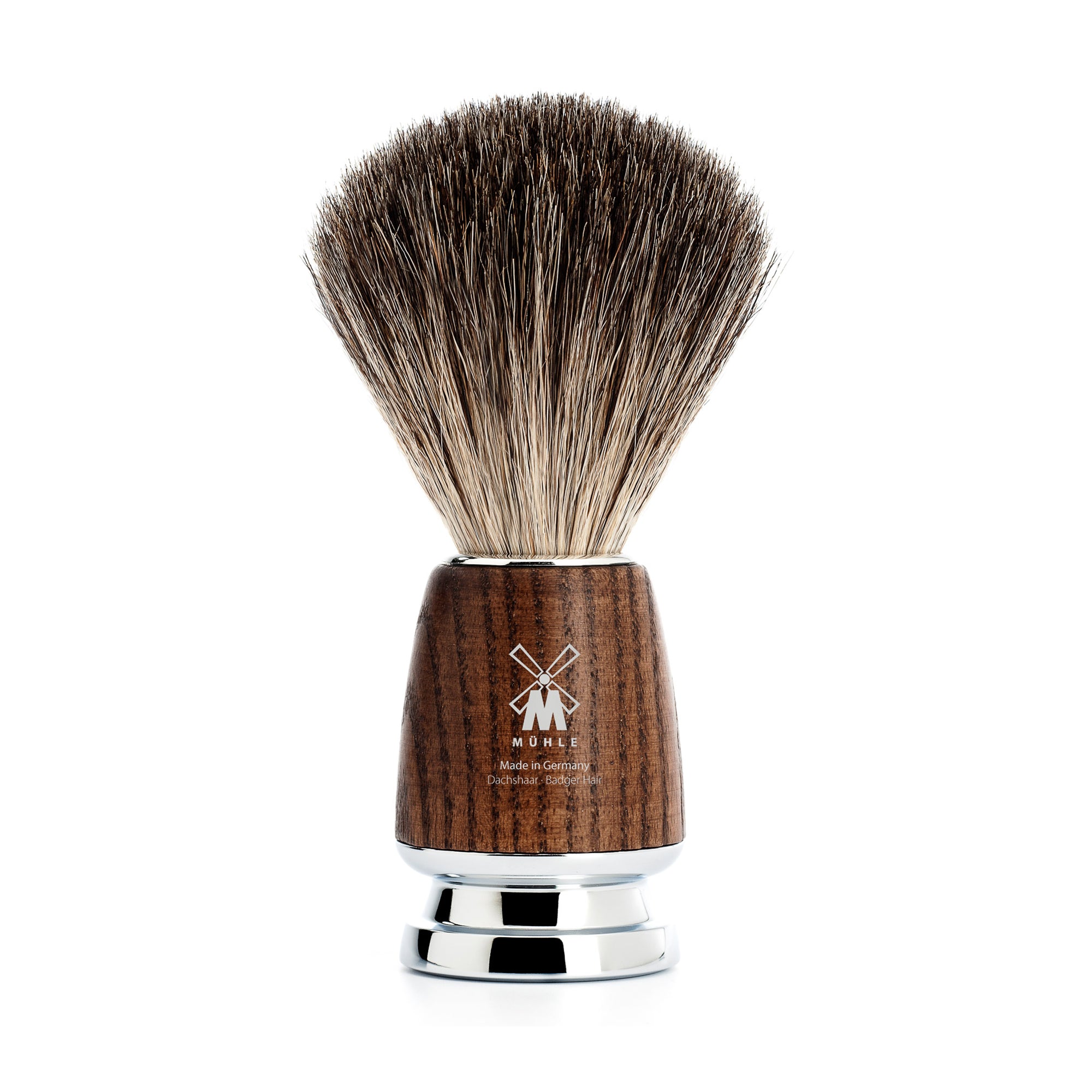 Shaving brush with wooden handle and silver base on a white background