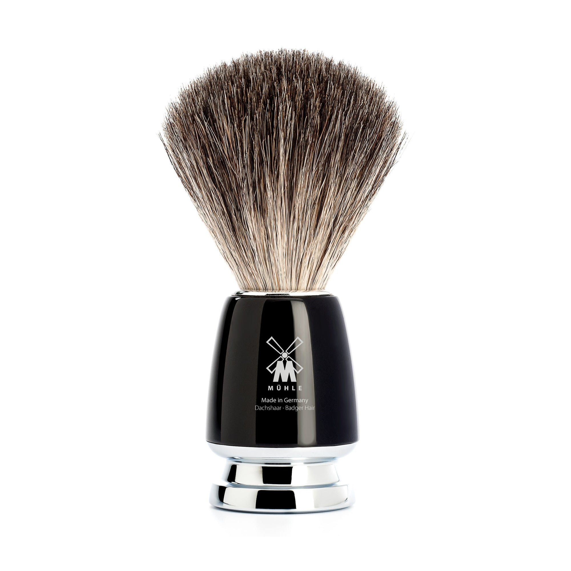 Shaving brush with black handle and brown bristles on a white background