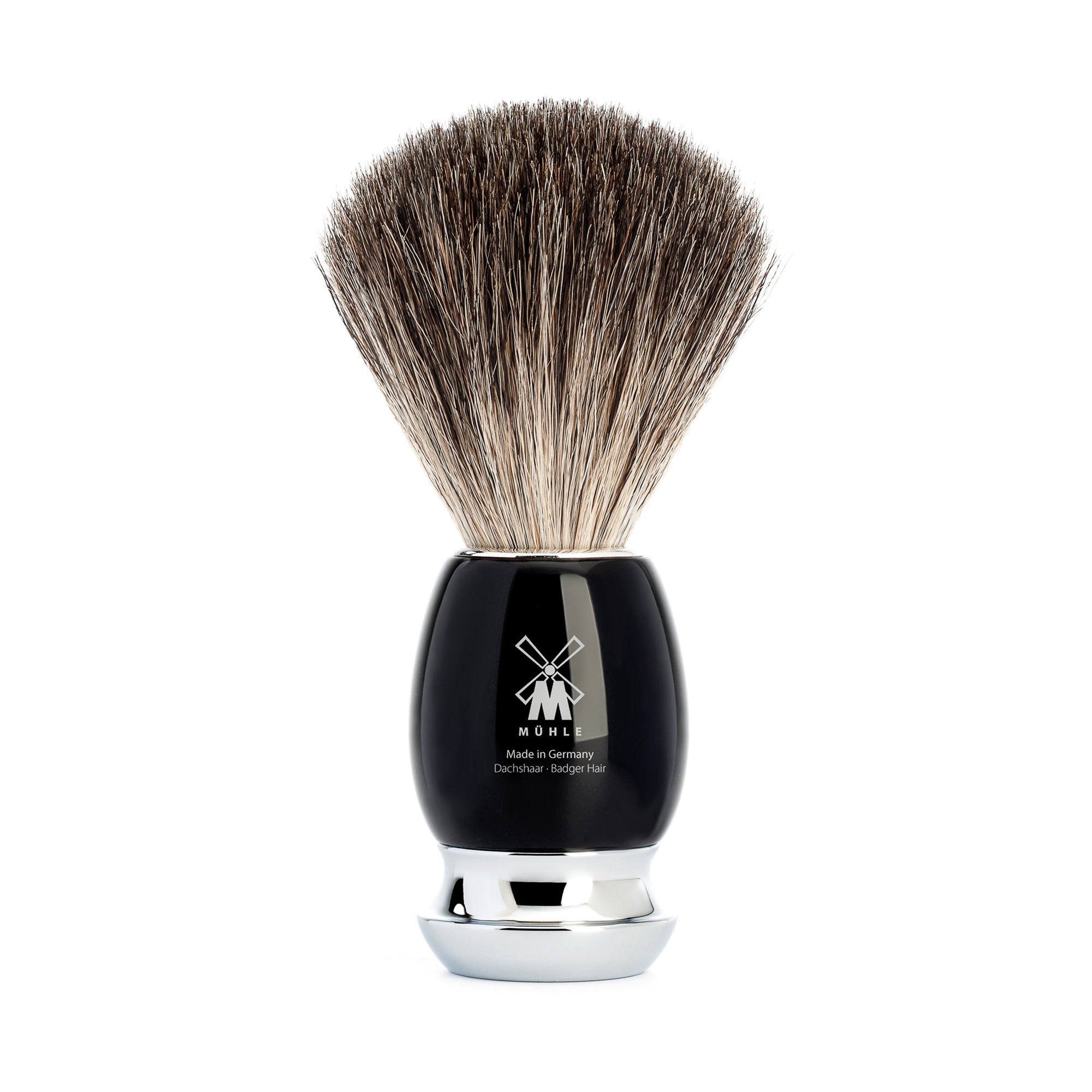 Shaving brush with black handle and bristles on a white background