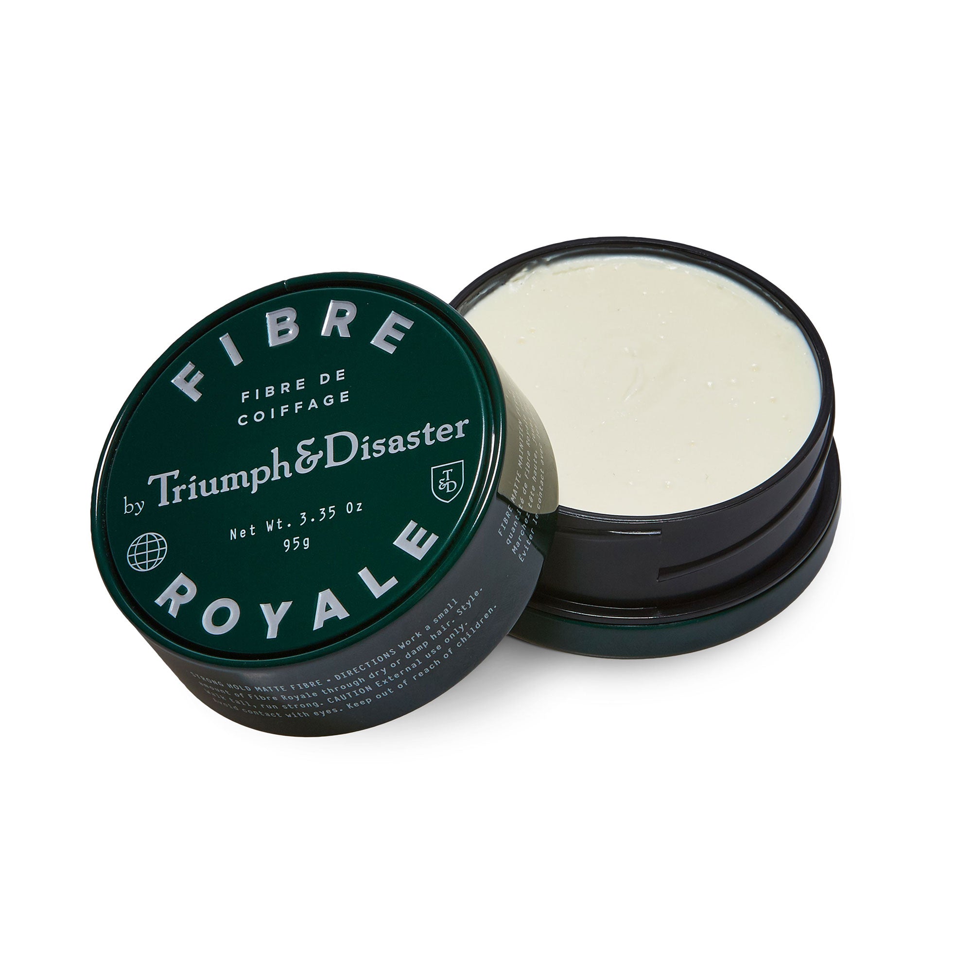 Open container of Triumph & Disaster Royale hair fiber on a white background