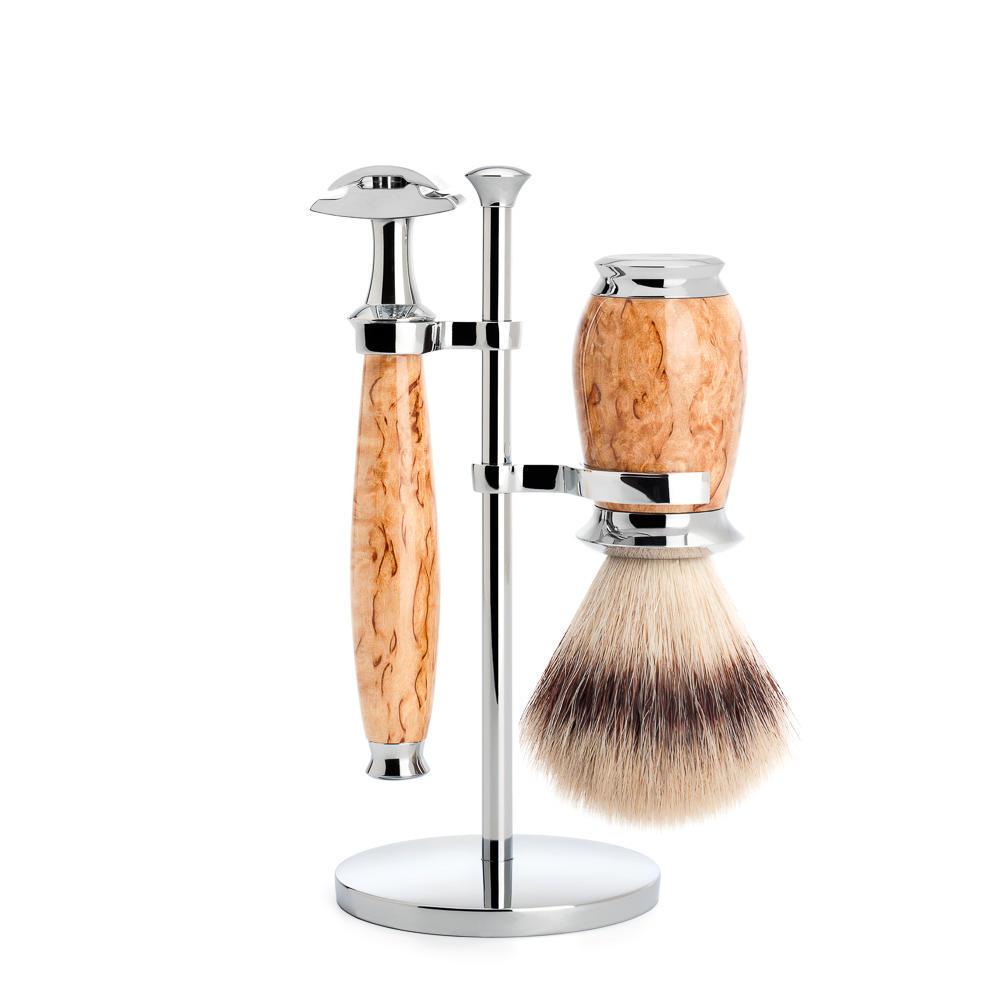 MÜHLE Purist Karelian Masur Birch 3-Piece Silvertip Fiber & Safety Razor Shaving Set
