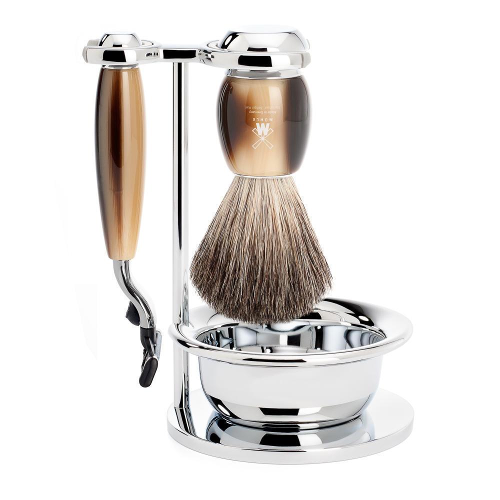 MÜHLE Vivo Brown Horn 4-Piece Pure Badger & Mach-3 Shaving Set