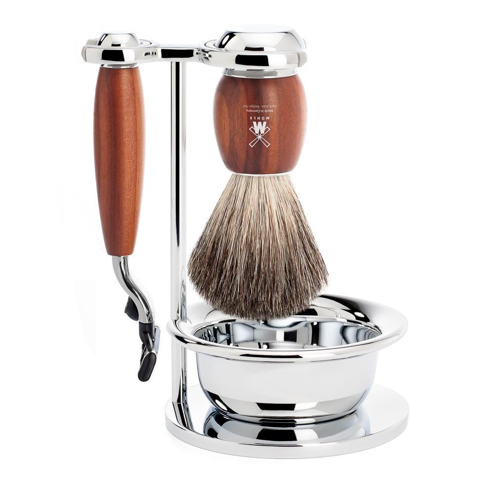 MÜHLE Vivo Plumwood 4-Piece Pure Badger & Mach-3 Shaving Set