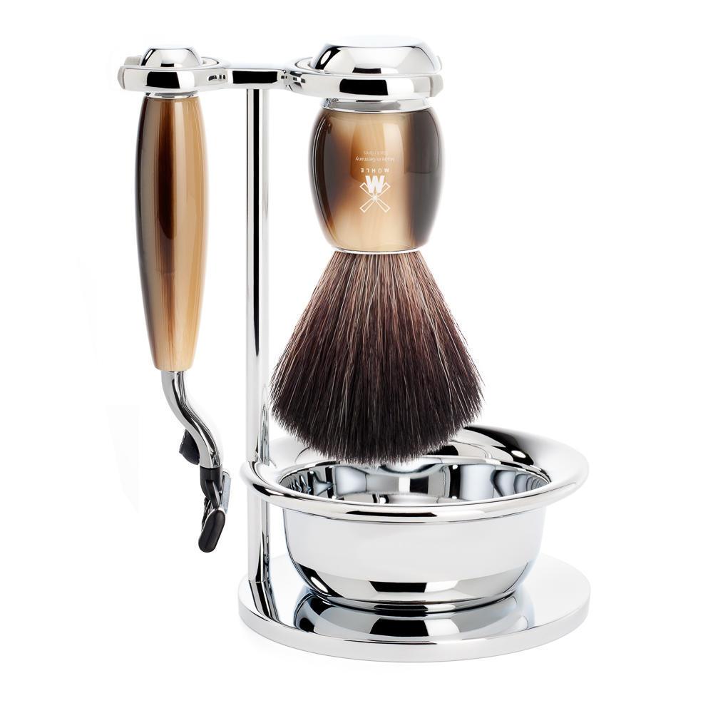MÜHLE Vivo Brown Horn 4-Piece Black Fiber & Mach-3 Shaving Set