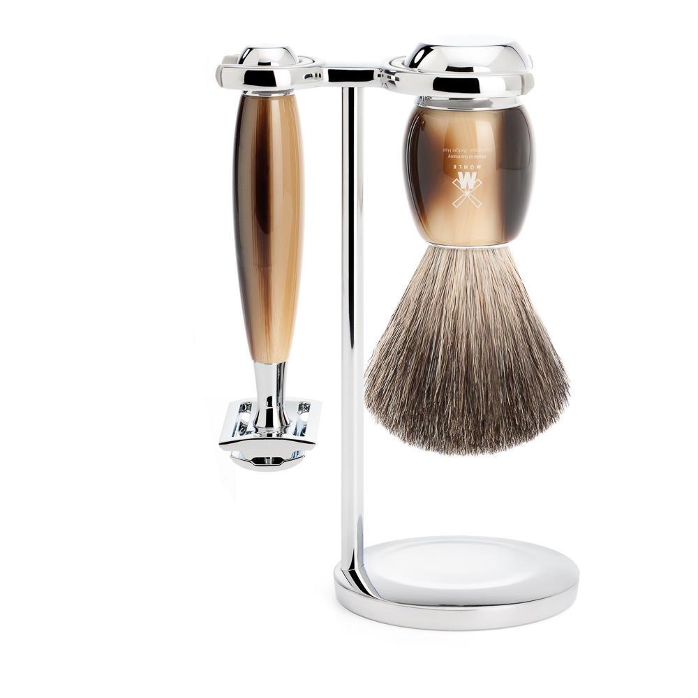 MÜHLE Vivo Brown Horn 3-Piece Pure Badger Safety Razor Shaving Set
