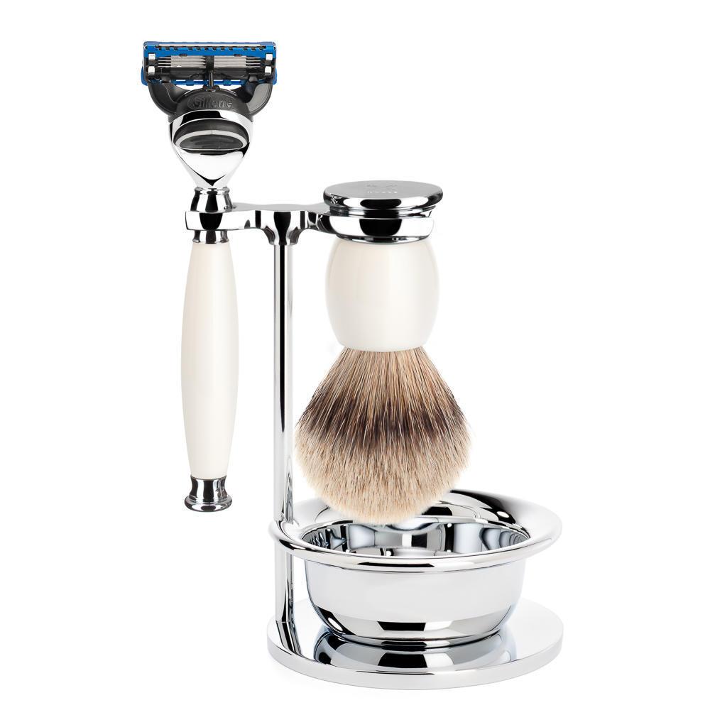 MÜHLE Sophist Porcelain 4-Piece Silvertip Badger & Fusion Razor Shaving Set