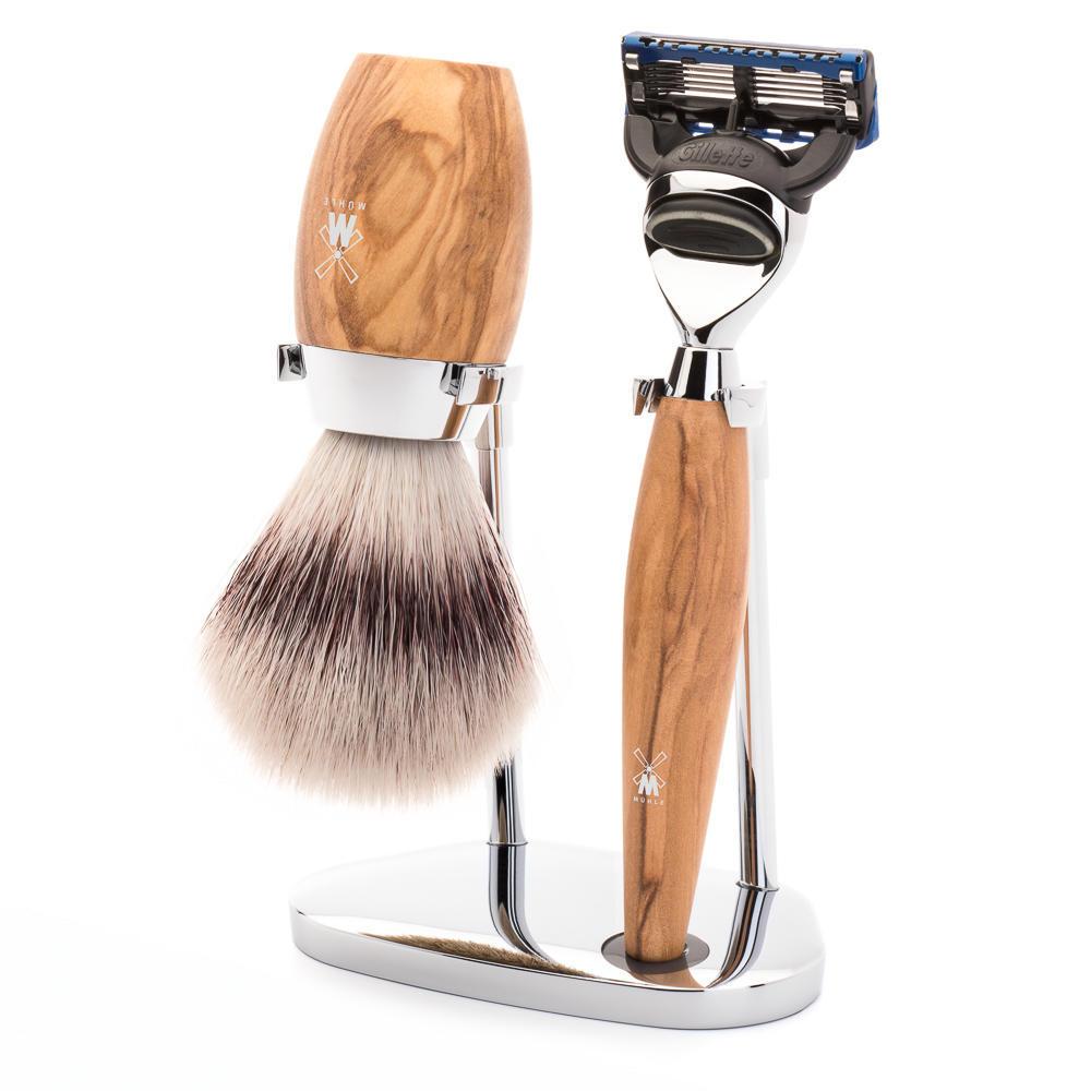 MÜHLE Kosmo Olive Wood 3-Piece Silvertip Fiber & Fusion Shaving Set