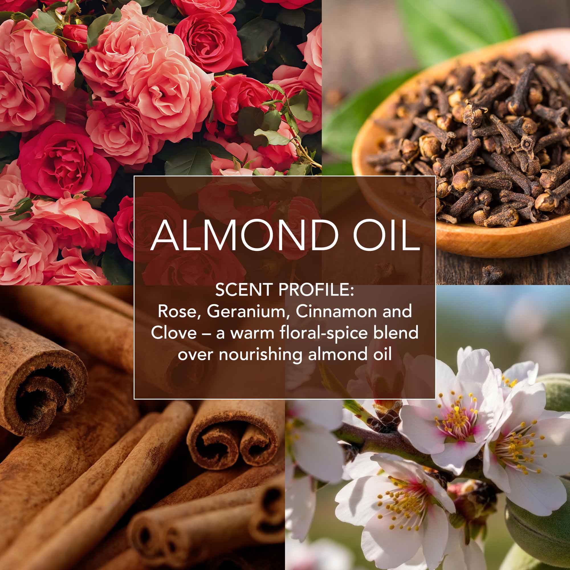 D.R. Harris Almond oil fragrance notes. Scent profile: Rose, Geranium, Cinnamon and Clove - a warm floral-spice blend over nourishing almond oil