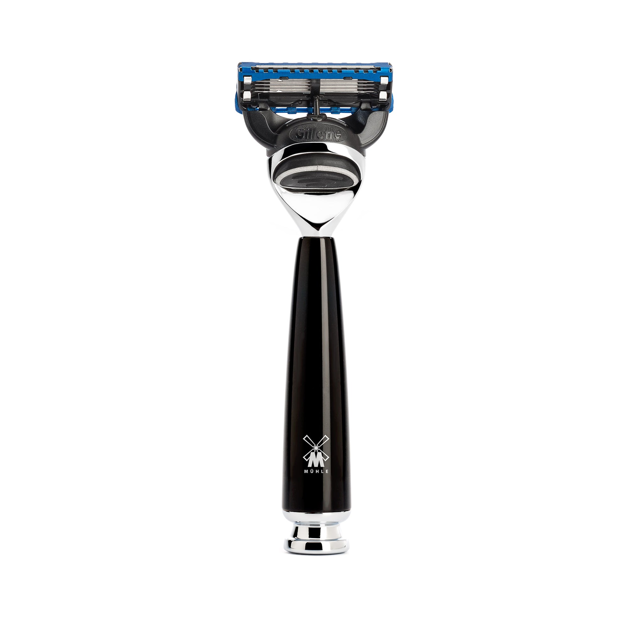Black safety razor with blue accents on a white background