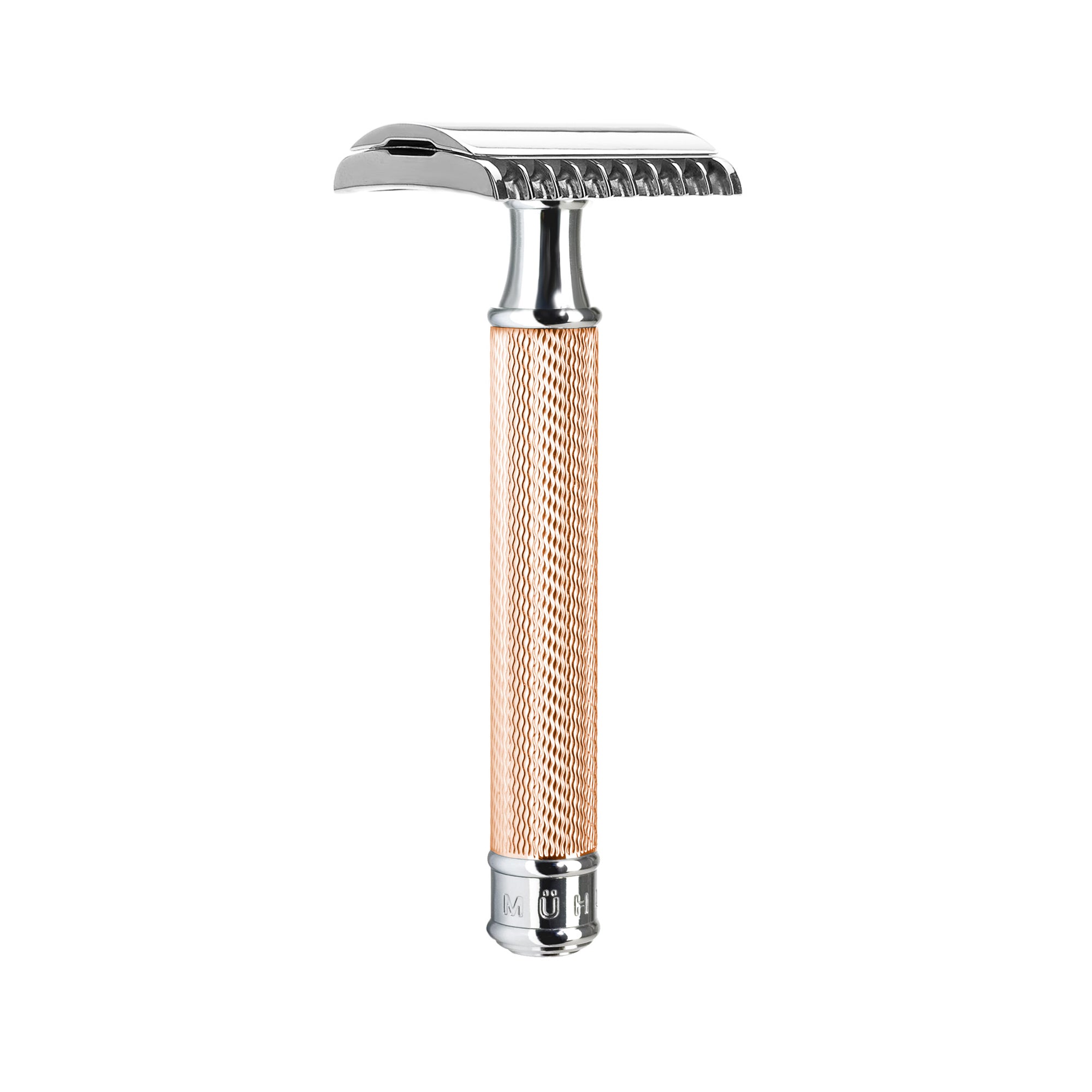 Shaving razor with a textured rose gold handle and metallic top on a white background
