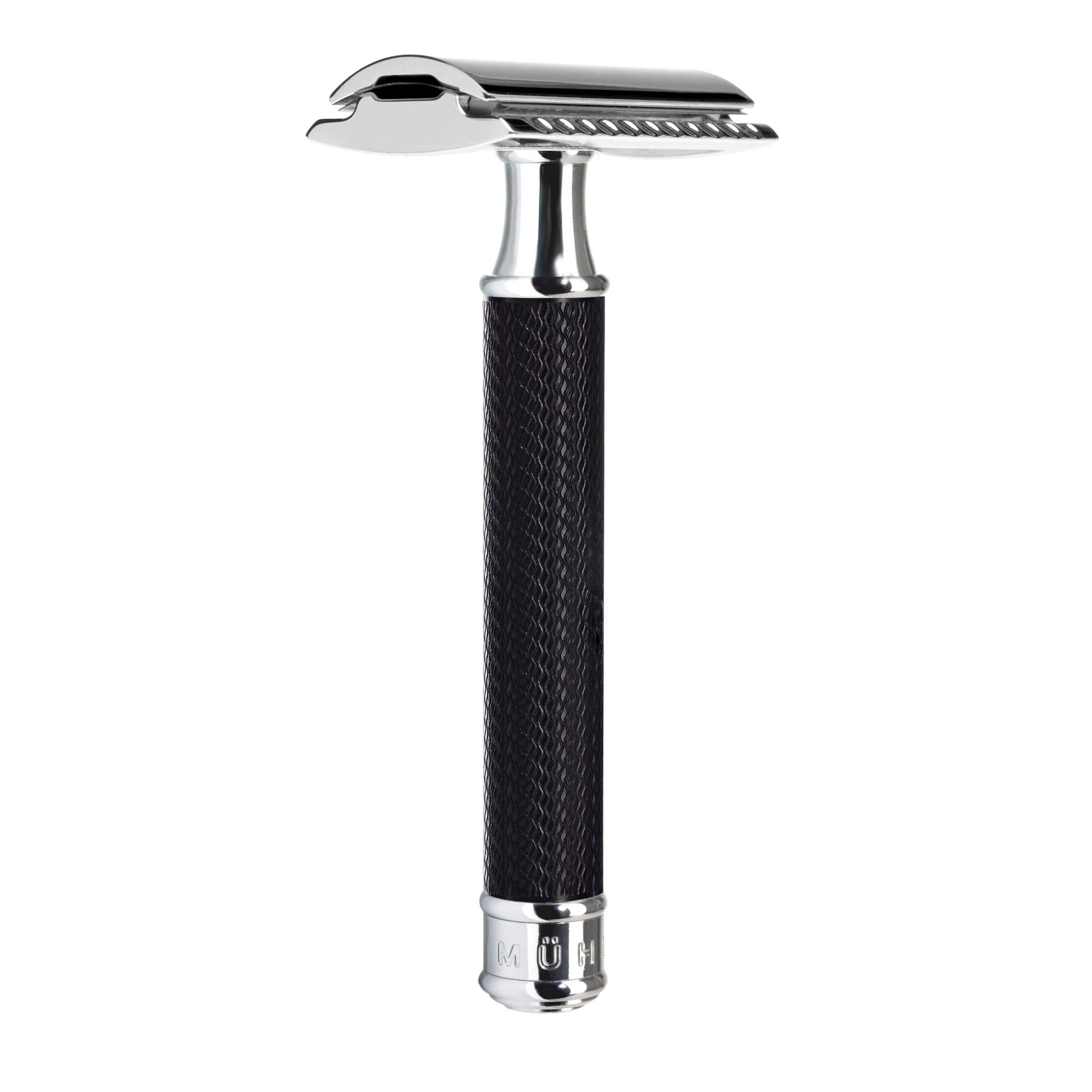 Shaving razor with black textured handle and silver accents on a white background
