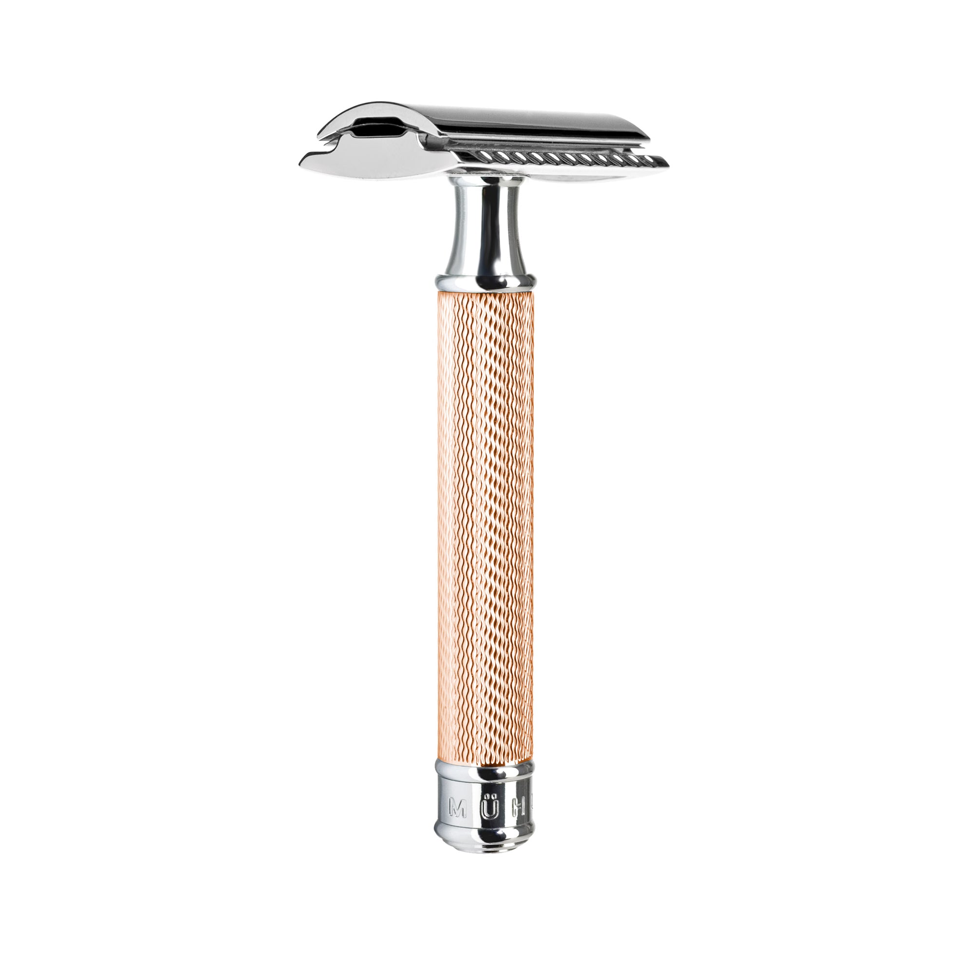 Shaving razor with a textured rose gold handle on a white background