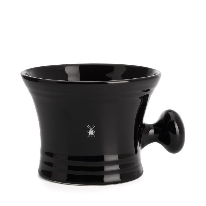 Black ceramic shaving mug on a white background