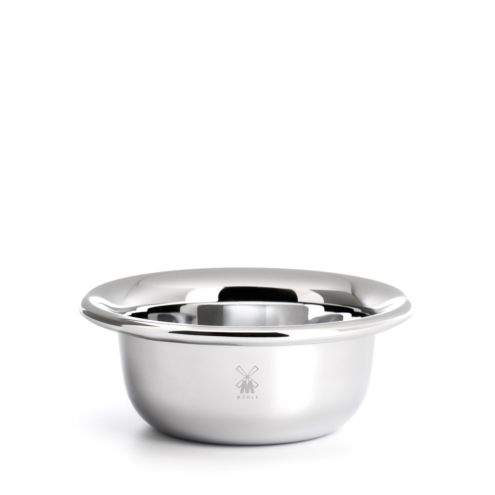 Silver bowl with a brand logo on a white background