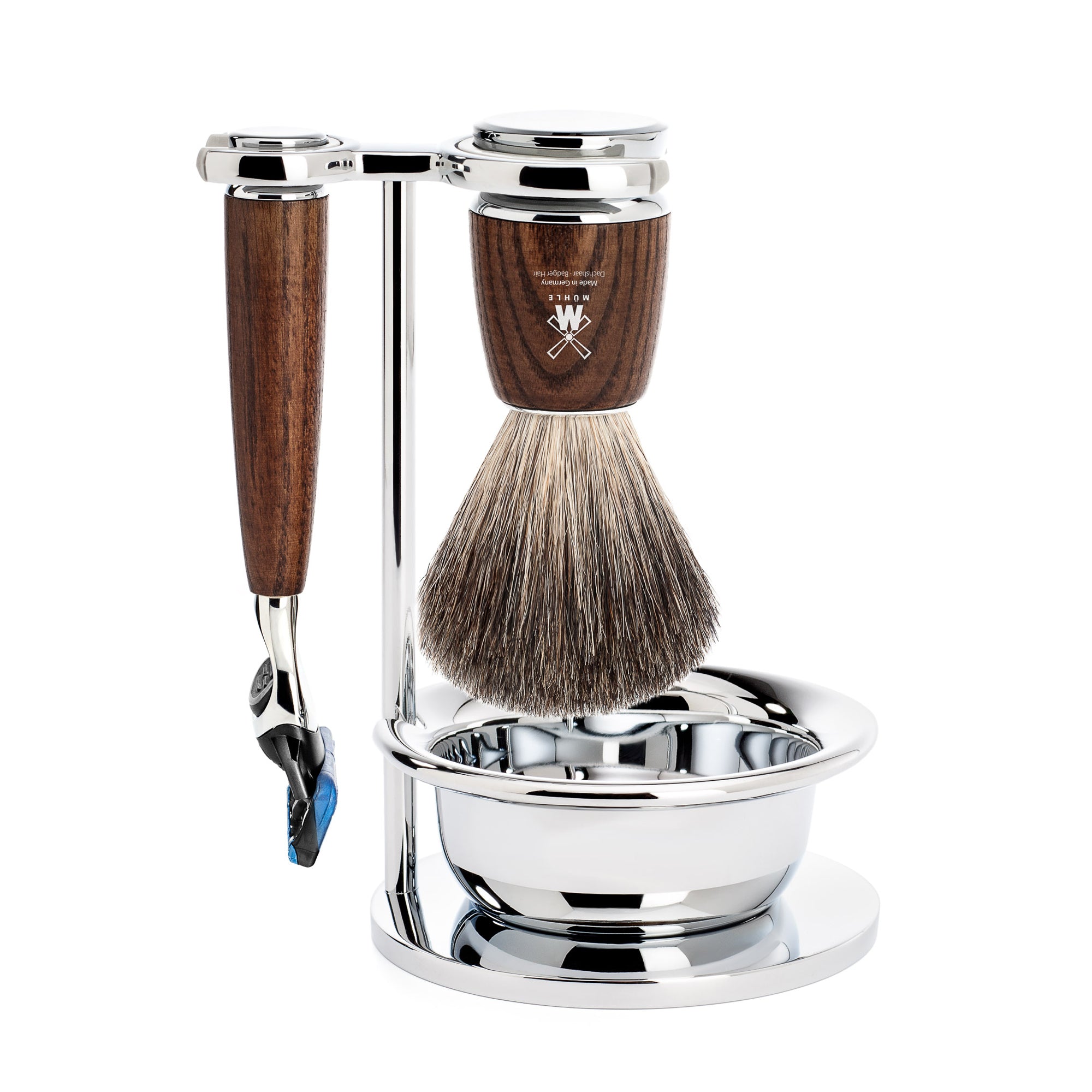 Shaving brush & razor with wooden handle and stand on a white background