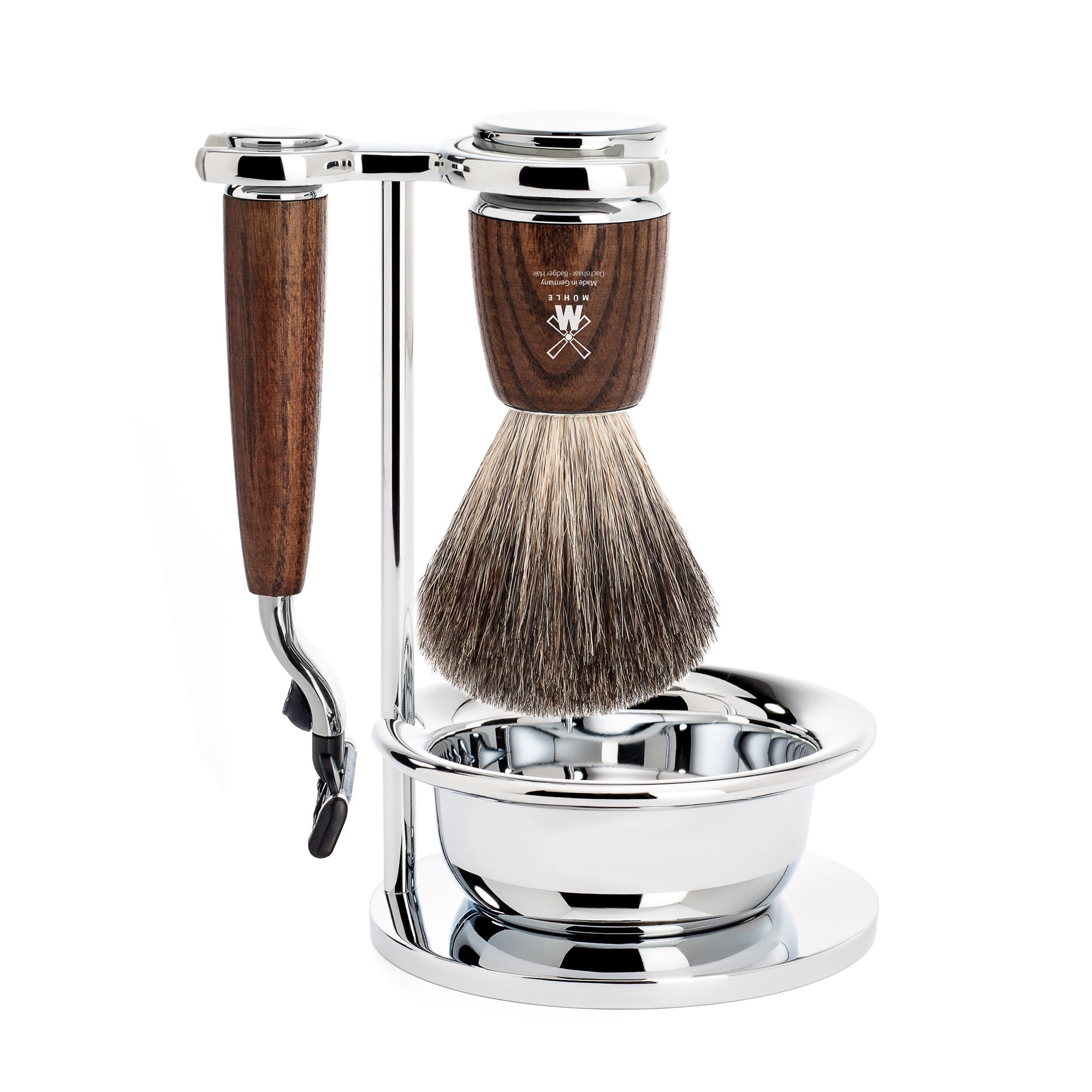 Shaving brush abd razor with wooden handle, stand, and bowl on a white background
