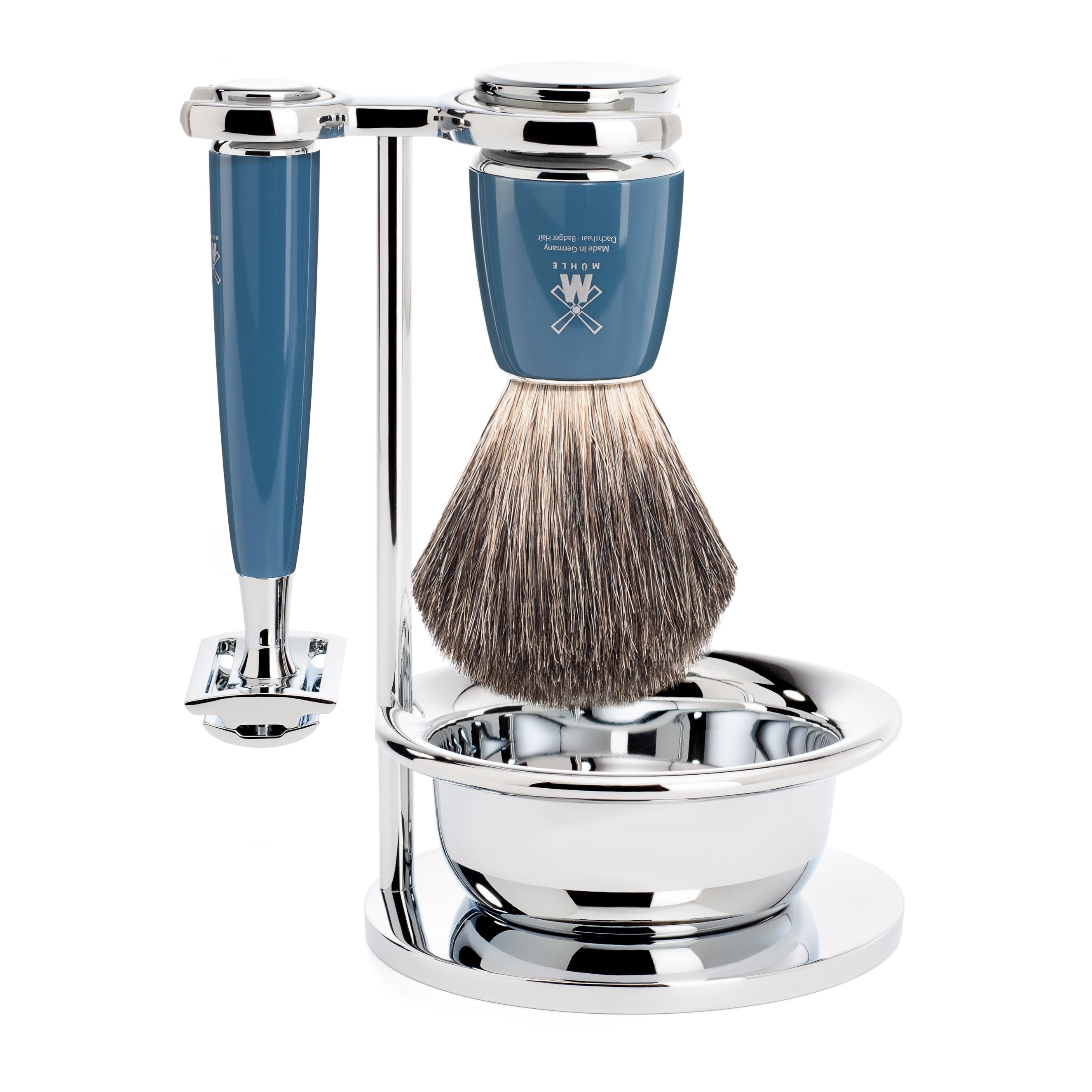 Shaving brush with stand and blue handle on a white background