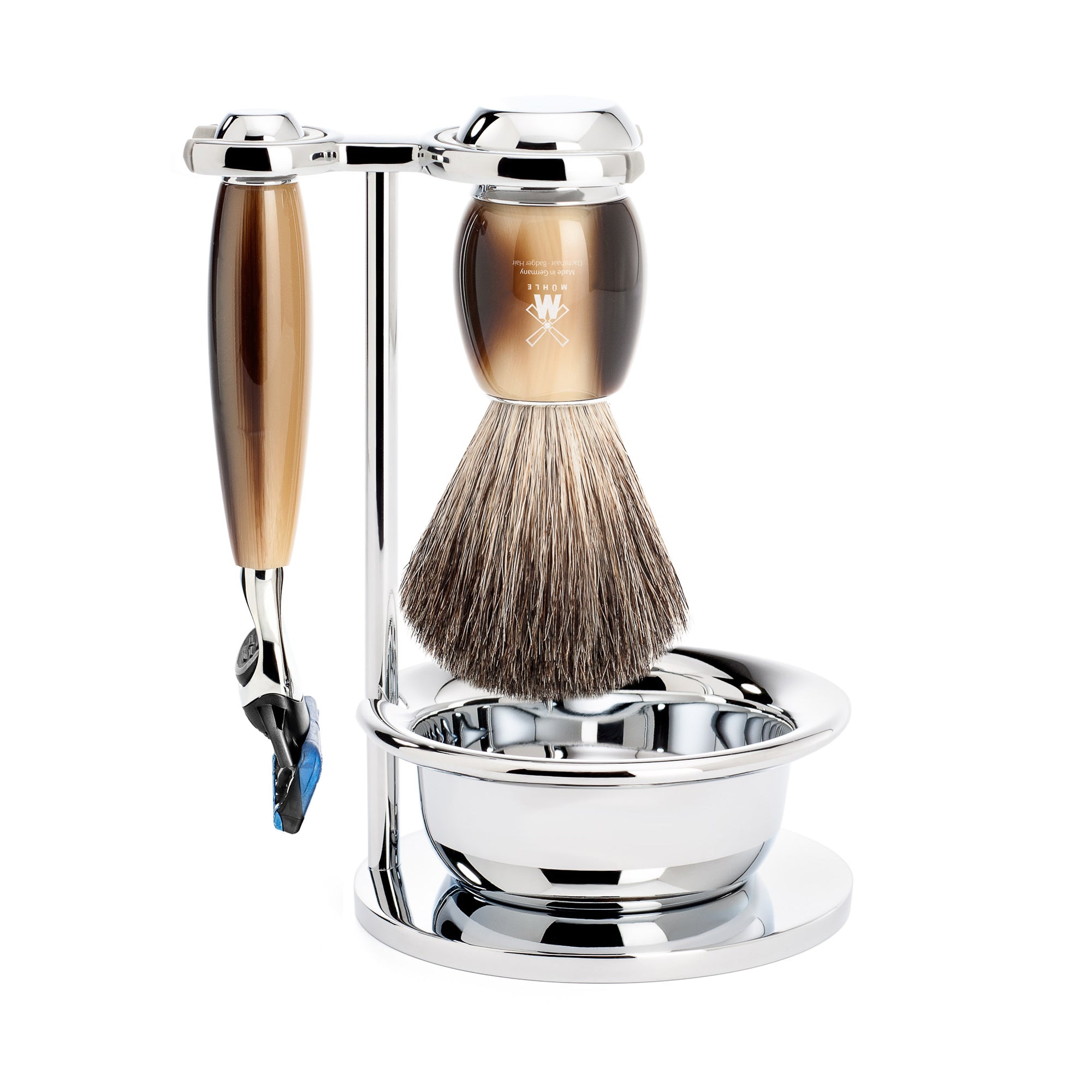 MÜHLE Vivo Brown Horn 4-Piece Pure Badger & Fusion Shaving Set