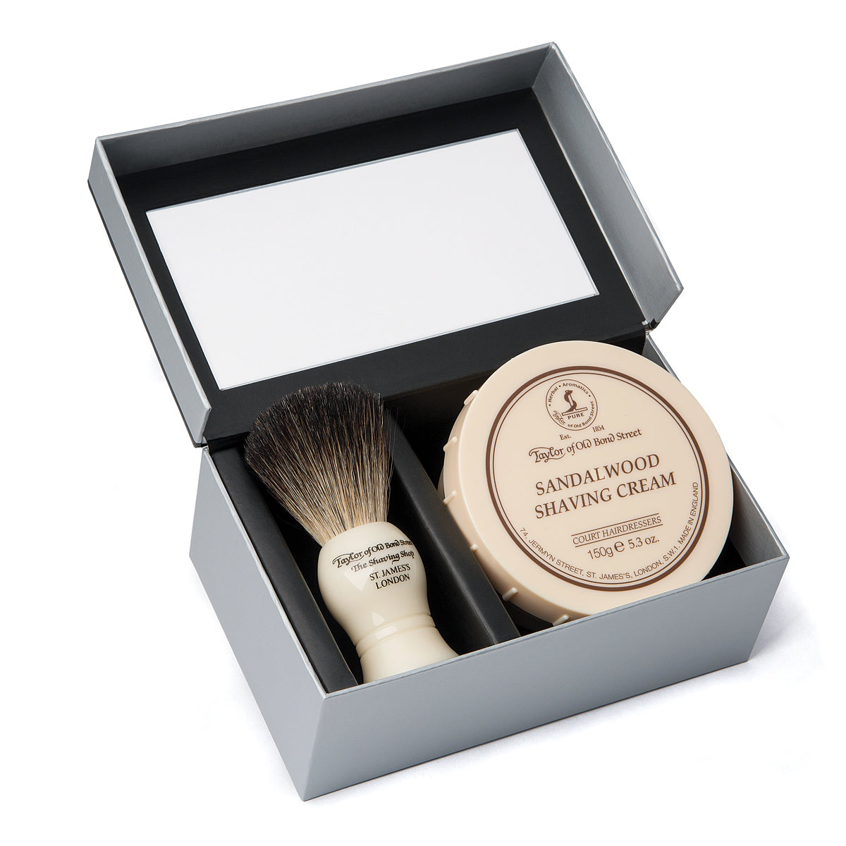 Taylor of Old Bond Street Pure Badger & Sandalwood Shaving Cream Gift Box, Open