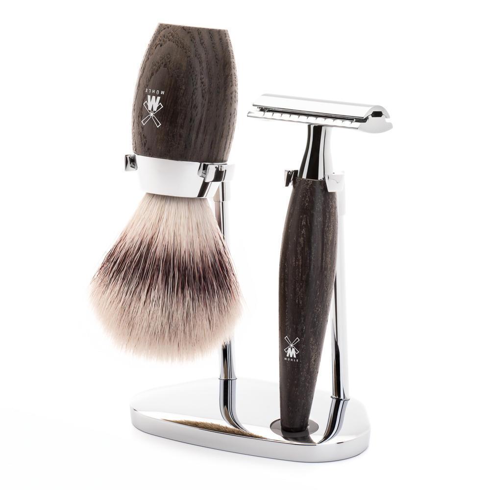 MÜHLE Kosmo Bog Oak 3-Piece Silvertip Fiber & Safety Razor Shaving Set