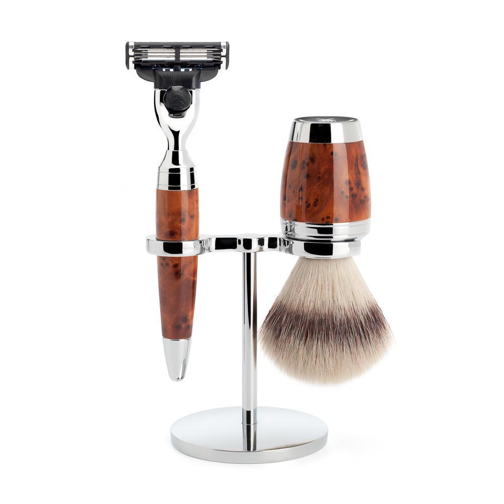 MÜHLE Stylo Thuja Wood 3-Piece Silvertip Fiber & Mach-3 Shaving Set