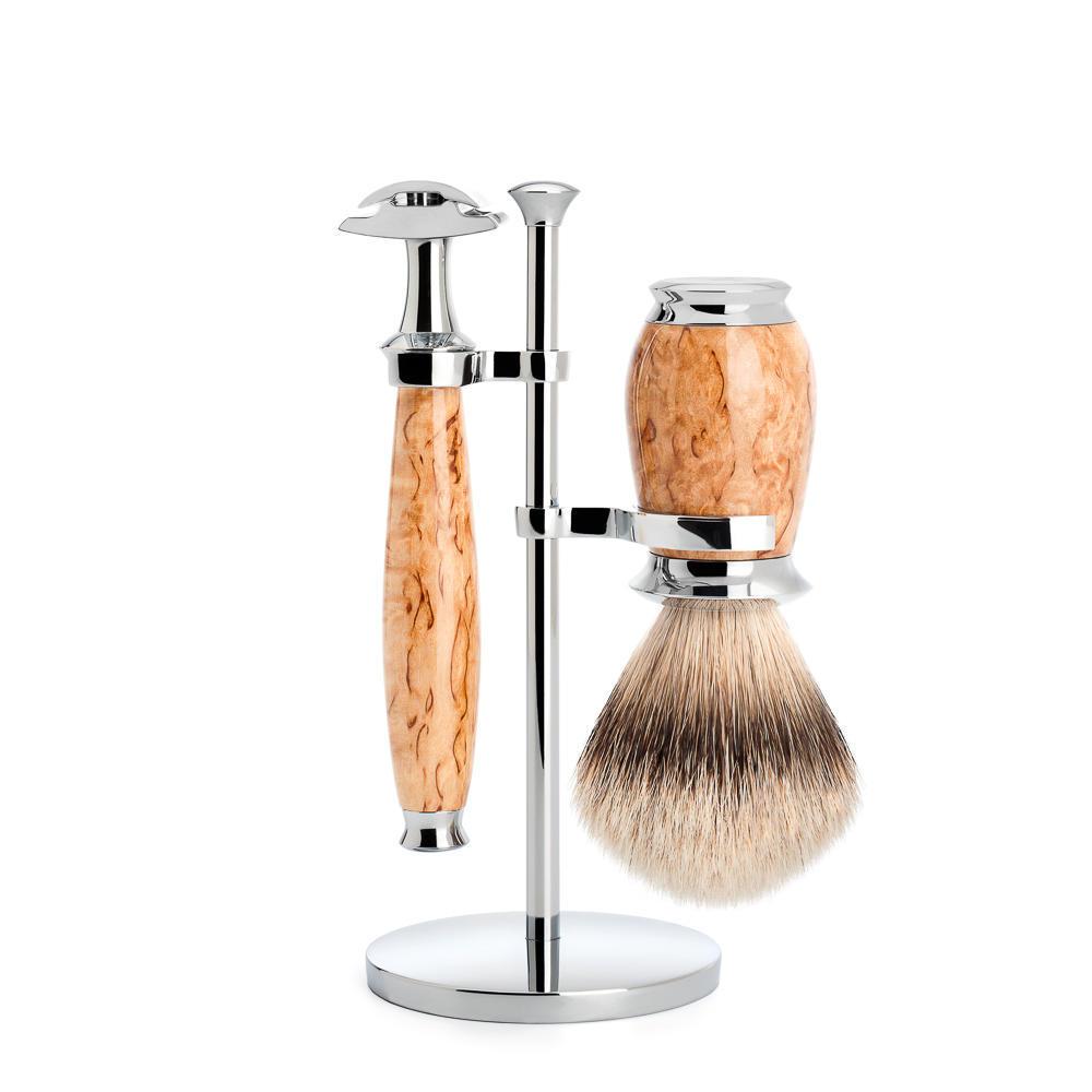 MÜHLE Purist Karelian Masur Birch 3-Piece Silvertip Badger & Safety Razor Shaving Set