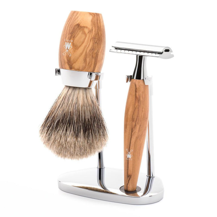 MÜHLE Kosmo Olive Wood 3-Piece Fine Badger & Safety Razor Shaving Set