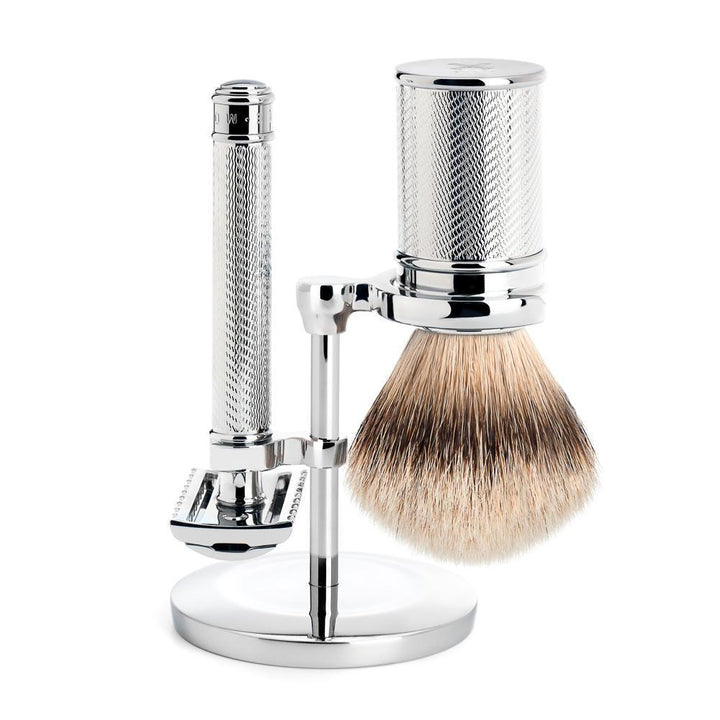 MÜHLE Chrome Silvertip Badger & Open Comb Safety Razor Shaving Set