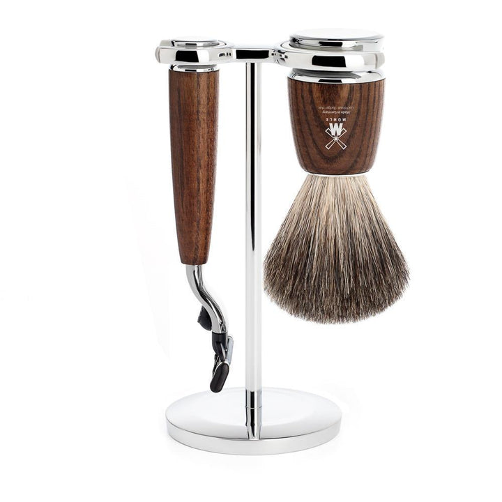 MÜHLE Rytmo Steamed Ash 3-Piece Pure Badger & Mach-3 Shaving Set