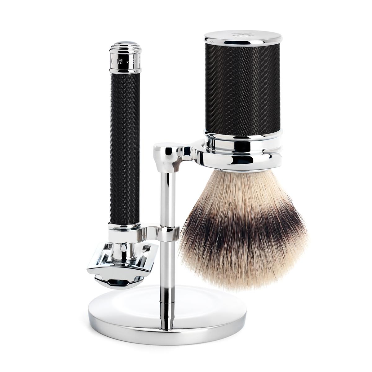 MÜHLE Black/Chrome Silvertip Fibre / Safety Razor (Closed Comb) Shaving Set