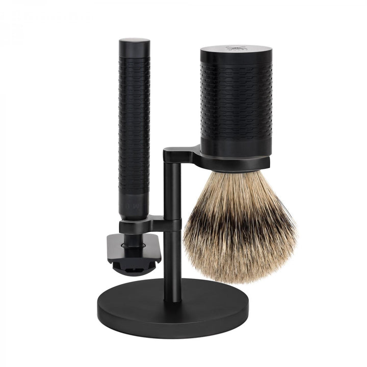 MÜHLE Rocca Black Stainless Steel 3-Piece Silvertip Badger & Safety Razor Shaving Set