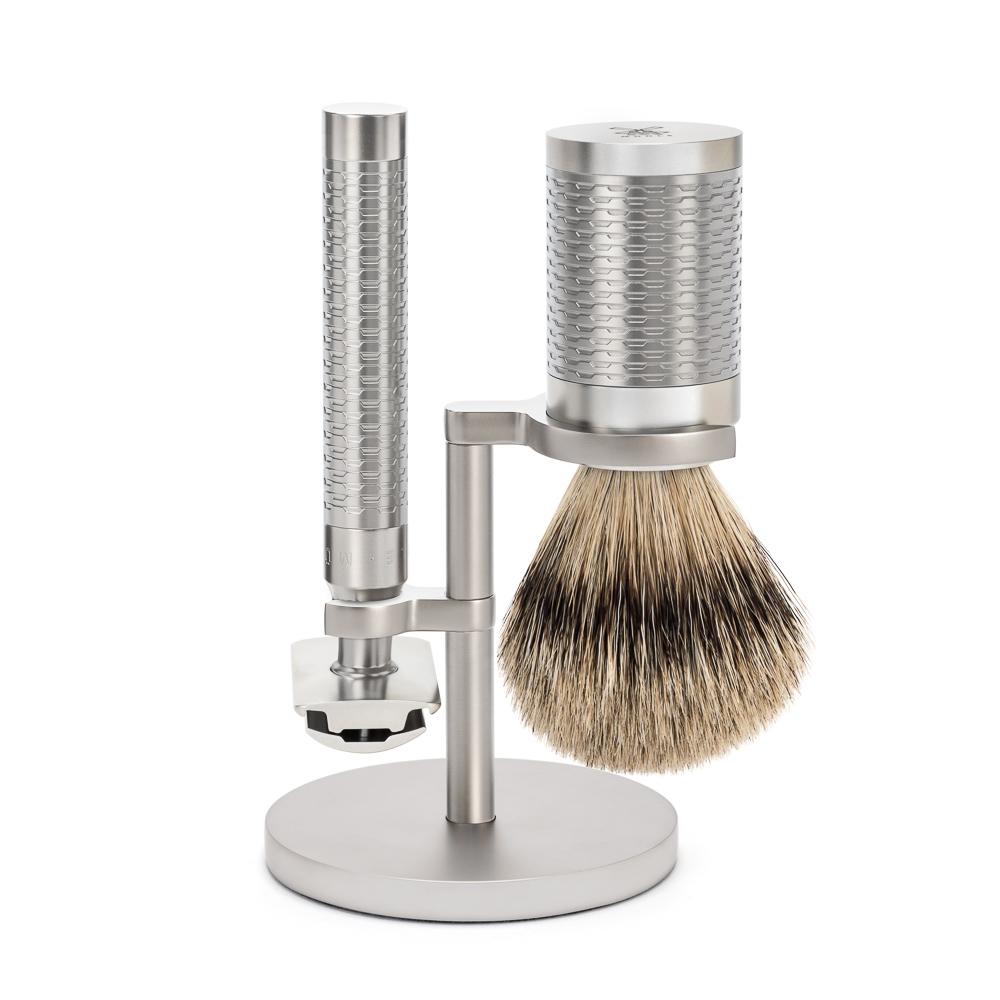 MÜHLE Rocca Silver Matt Stainless Steel 3-Piece Silvertip Badger & Safety Razor Shaving Set
