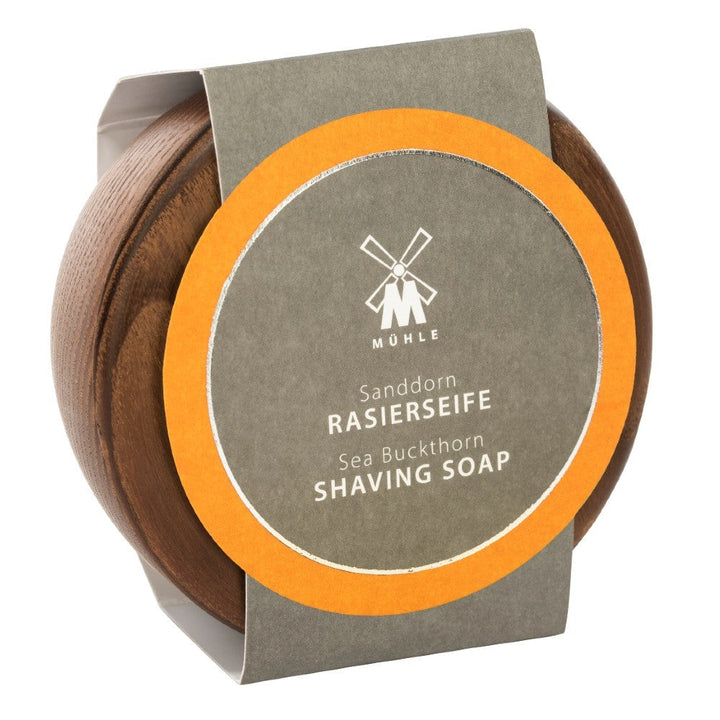 MÜHLE Sea Buckthorn Shaving Soap in Steamed Ash Bowl, Package Display