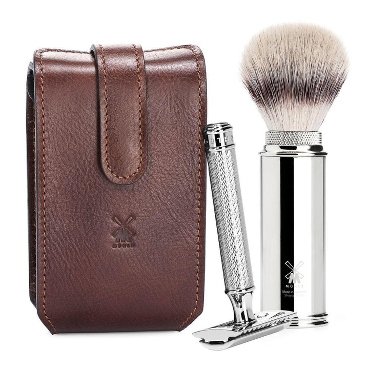 MÜHLE Brown Leather Case, Silvertip Fiber Brush & Safety Razor Travel Set