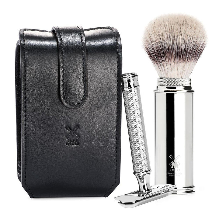 MÜHLE Black Leather Case, Silvertip Fiber Brush & Safety Razor Travel Set