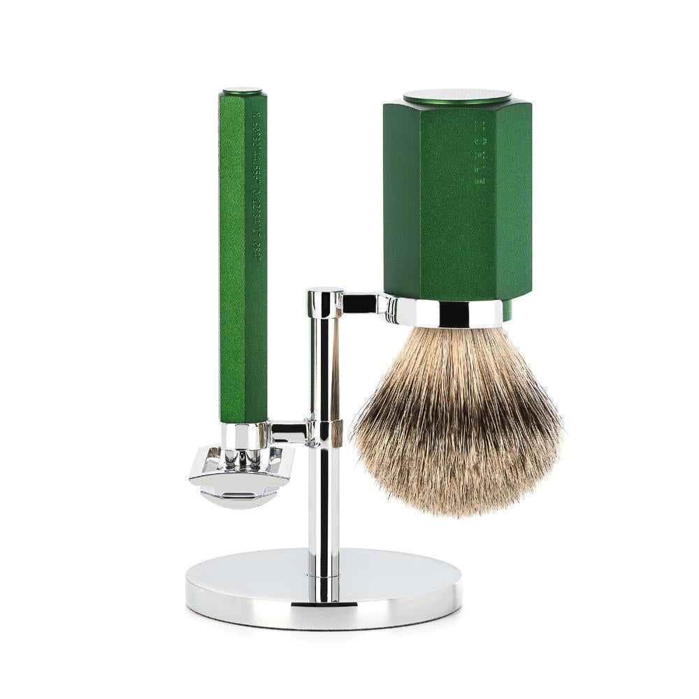 MÜHLE Hexagon Forest 3-Piece Silvertip Badger Shaving Set