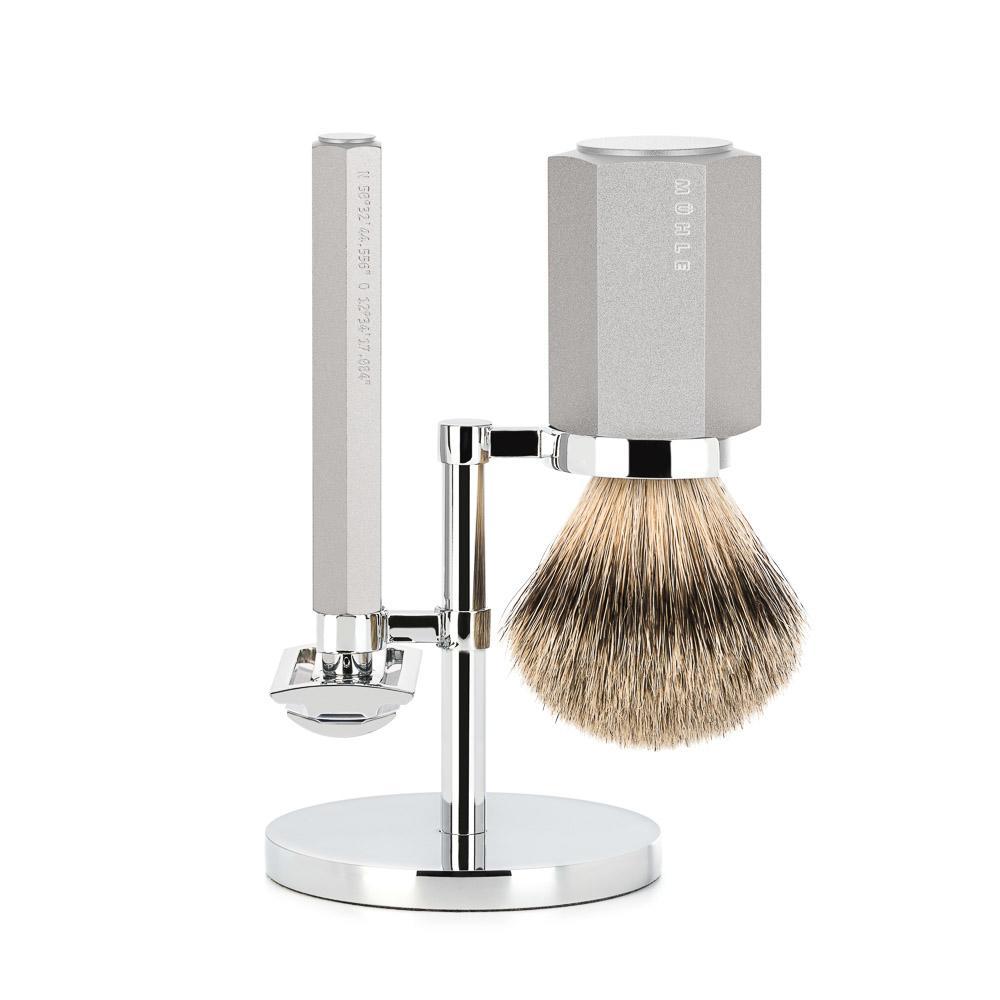 MÜHLE Hexagon Anodized Silver Silvertip Badger 3-Piece Shaving Set