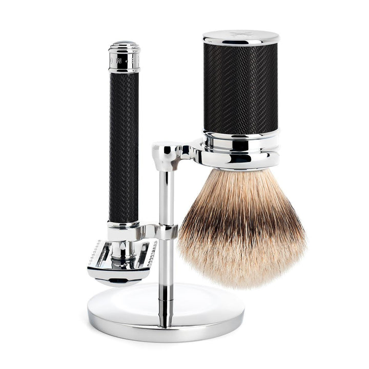 MÜHLE Black/Chrome Silvertip Badger / Safety Razor (Open Comb) Shaving Set