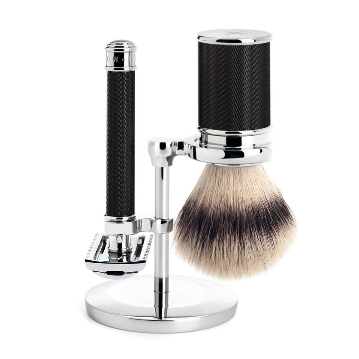 MÜHLE Black/Chrome Silvertip Fibre / Safety Razor (Open Comb) Shaving Set